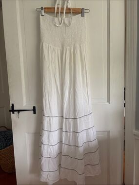 White Strapless Halter Maxi Dress with Tiered Skirt